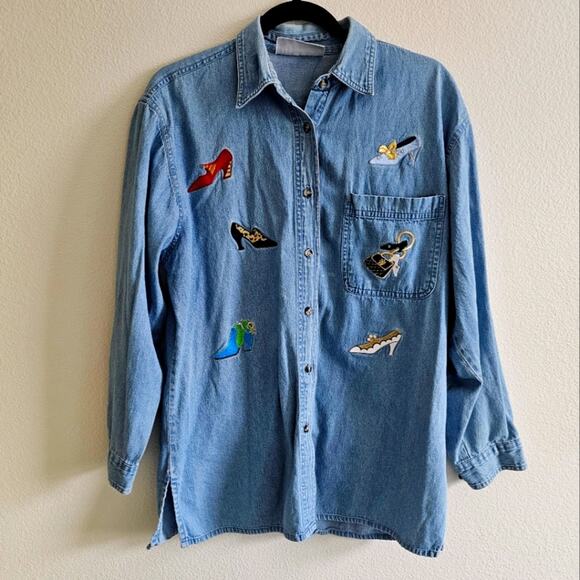 Mili Designs Blue Jean Button Down Shirt with Shoe Patches size Medium - Picture 1 of 9